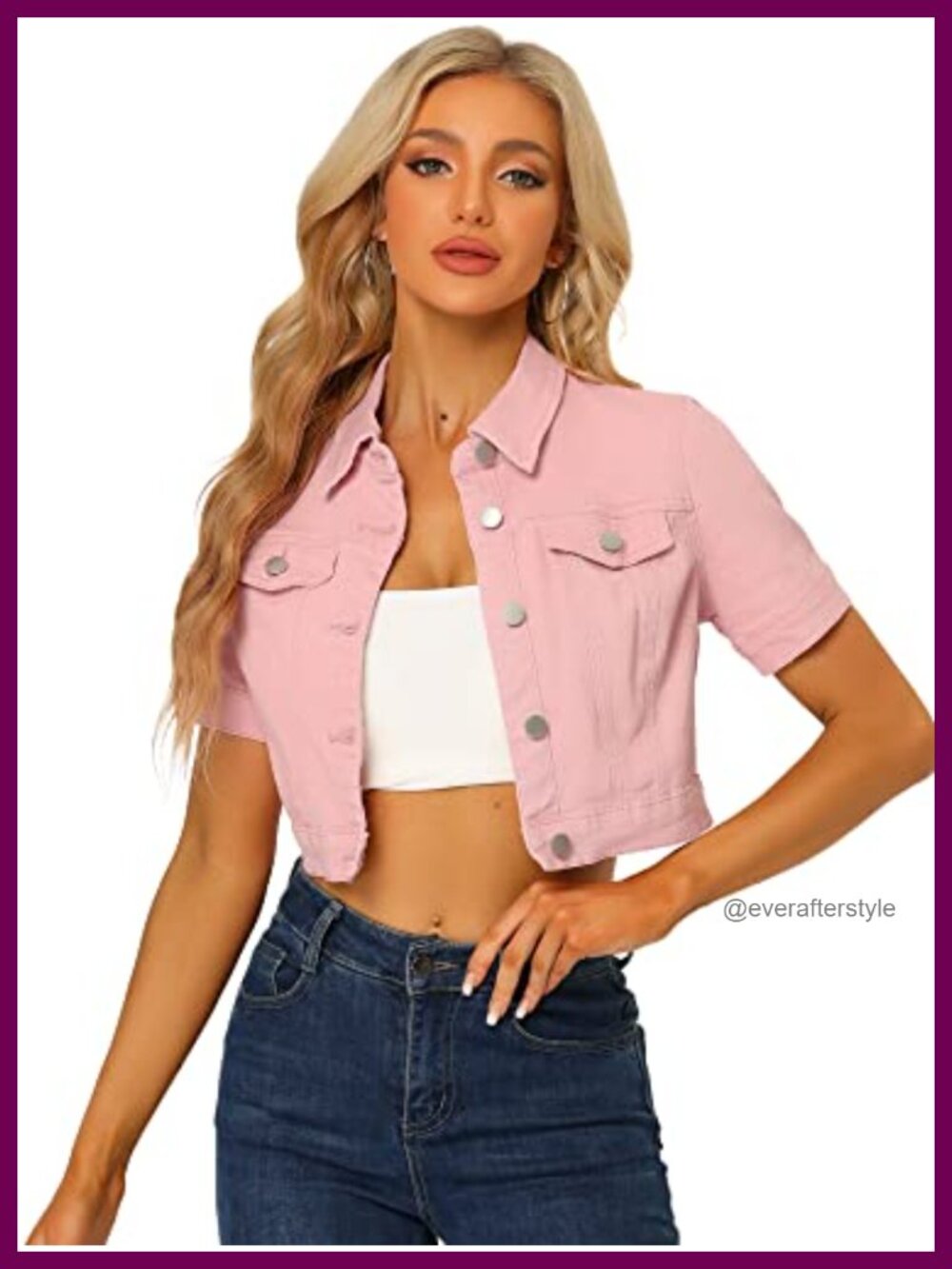 Cropped Denim Jacket Short Sleeve Button Down Cotton Blend Jean Jacket